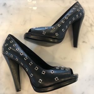 BCBG Girls Black Leather Peep-toe Heels
